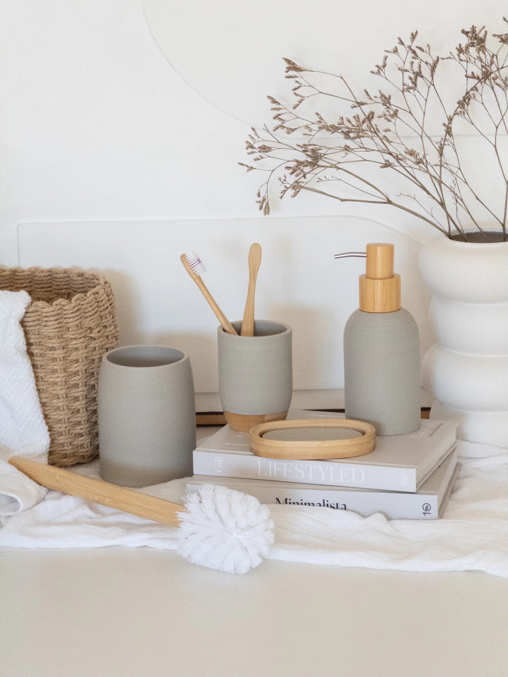 Set de Baño x4 Beige con Bambú