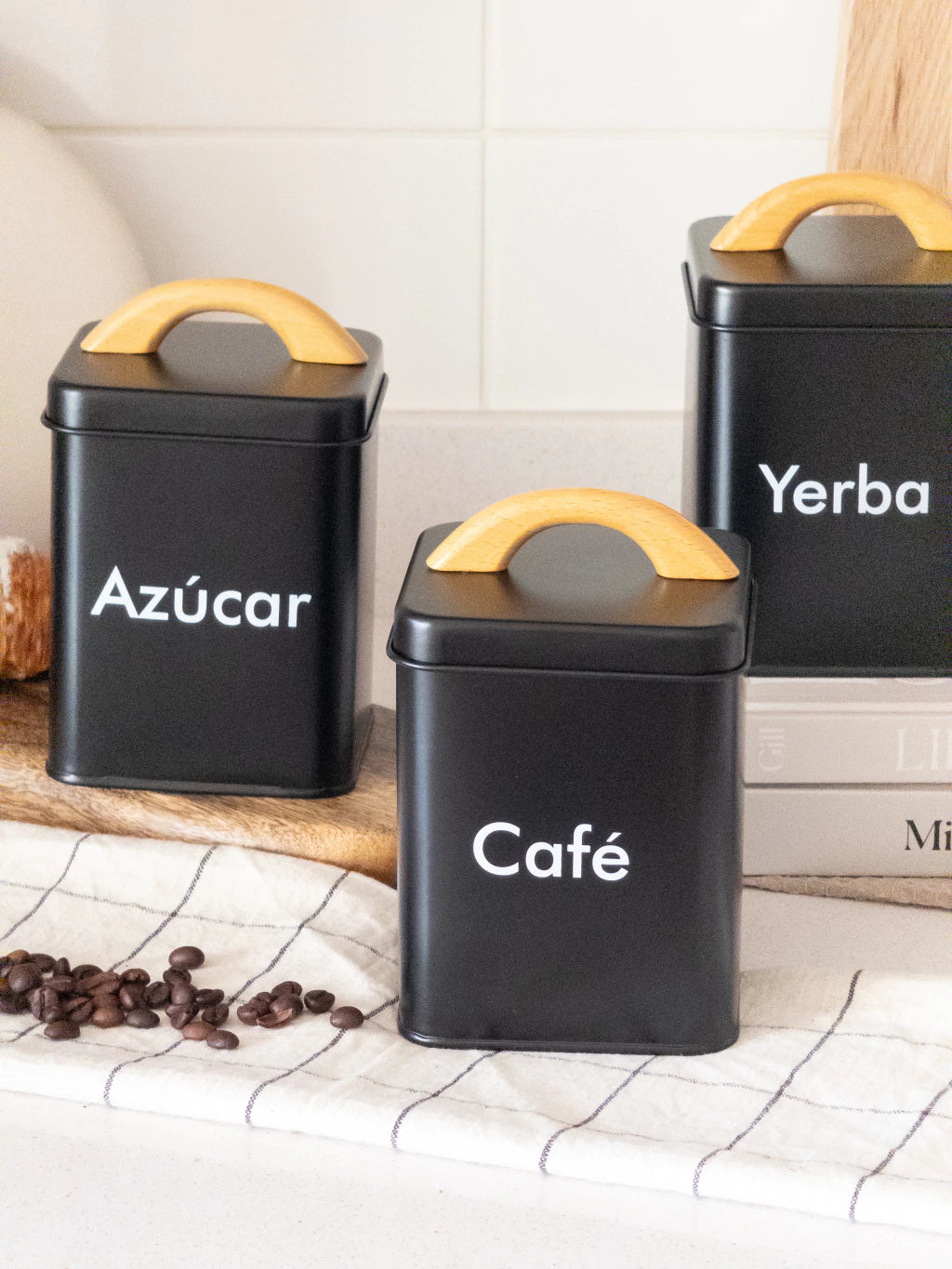 Set x3 Contenedores Negro Manija Bambú