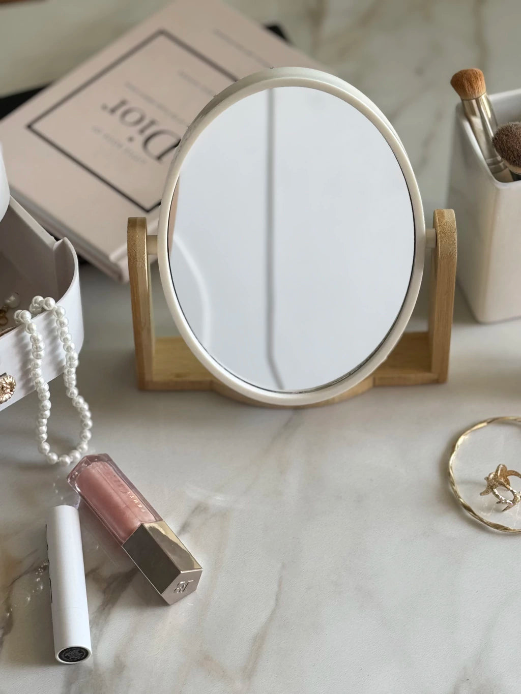 Espejo Redondo C/ Base Bambú